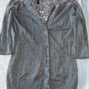 Lapis Gray Crochet-Yoke Button-Front Cardigan